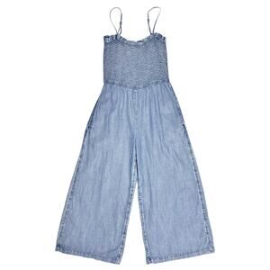 AARON & AMBER Smocked Tencel Chambray Wide-Leg Jumpsuit Ruffle Detail Size L